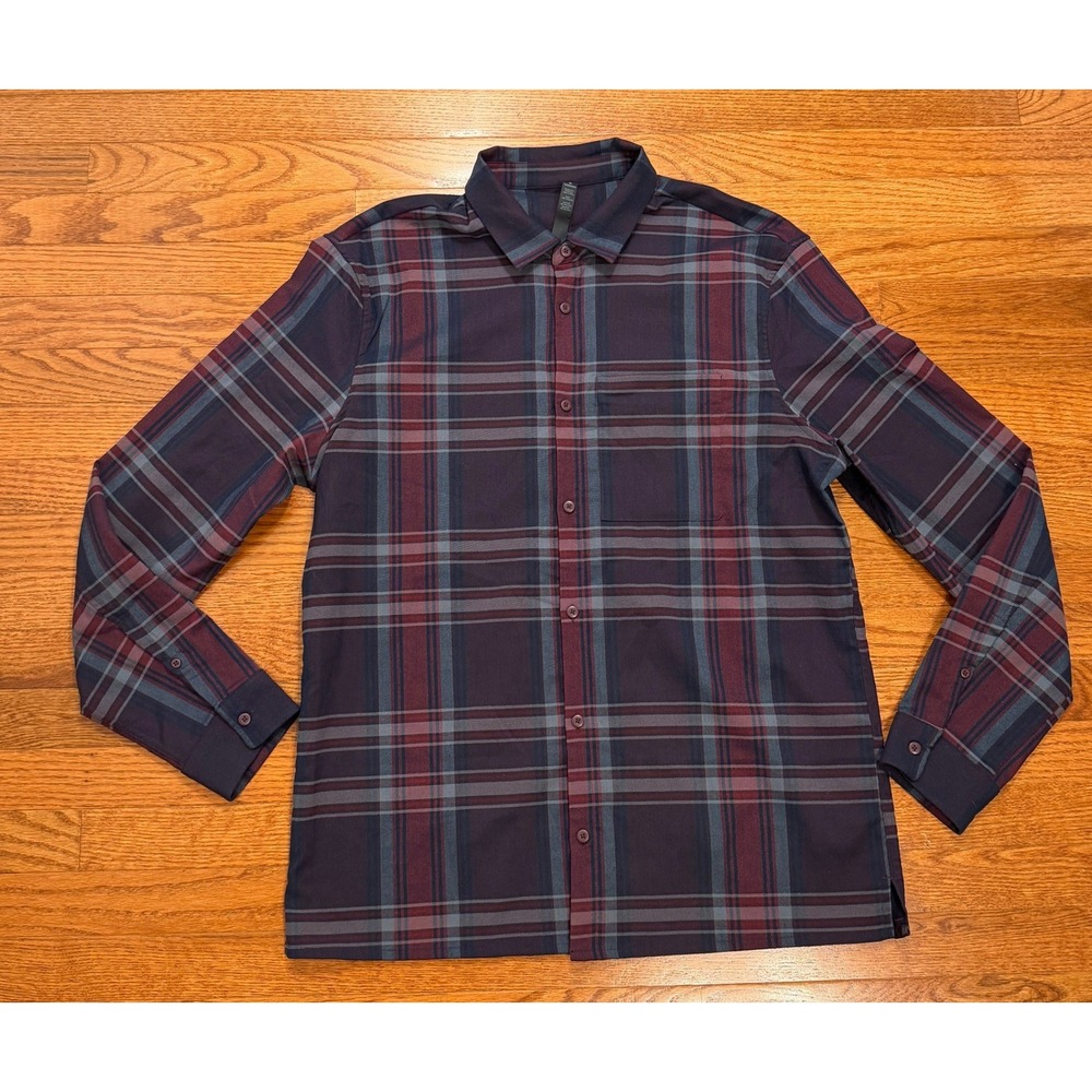 Lululemon Masons Peak Button Down Shirt Men XL Burgundy Plaid Flannel Zip Pocket